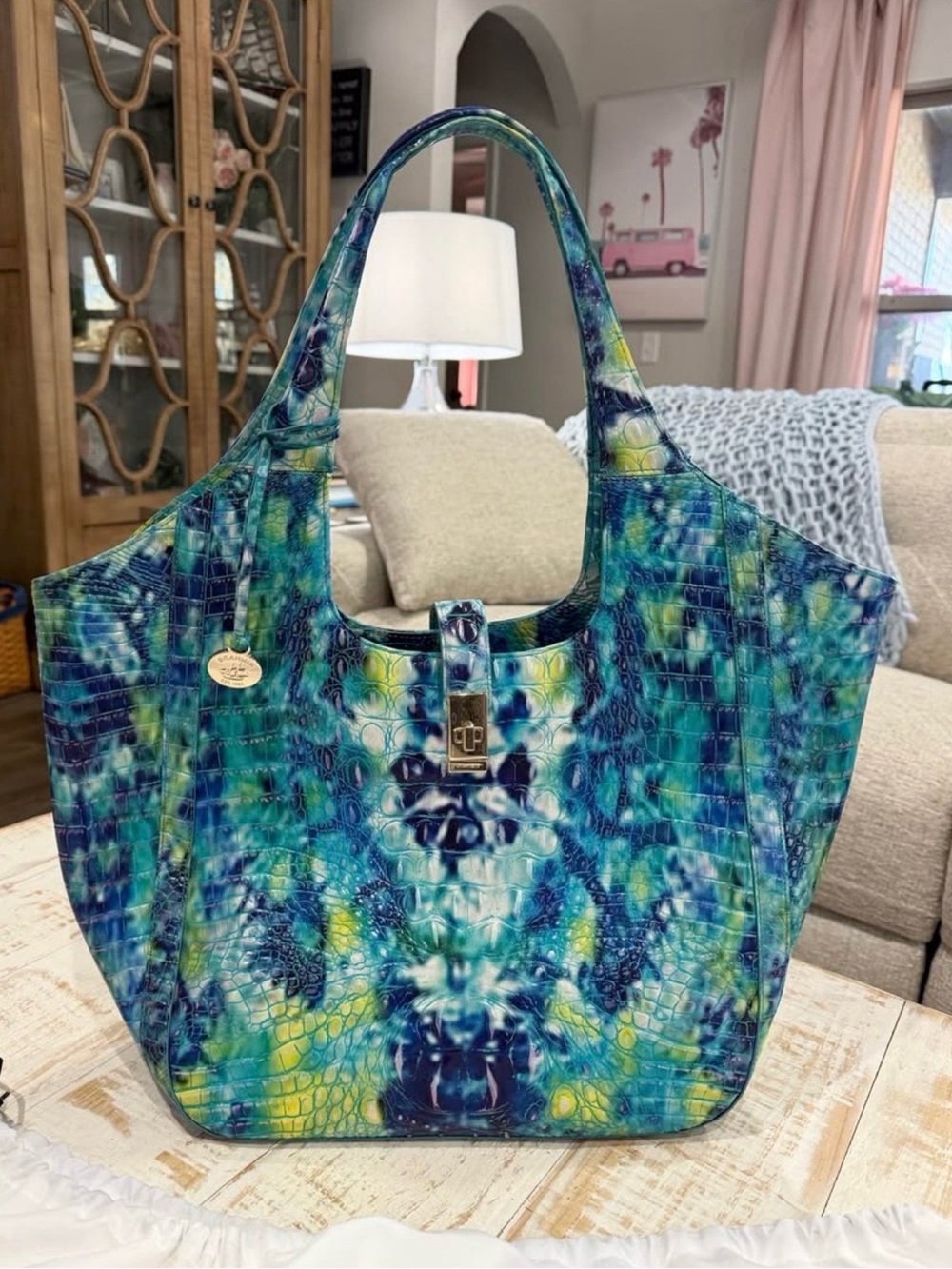 Brahmin Carla Hydro Melbourne Croco~Embossed Leather Hobo Tote Blue Green Teal